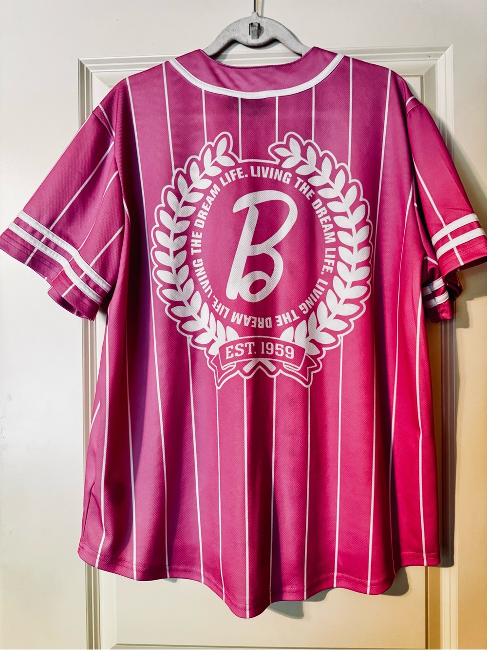Barbie‎ Pink Baseball Jersey 💕 XXL Button-Up Pinstripe Graphic Top - Picture 2 of 5